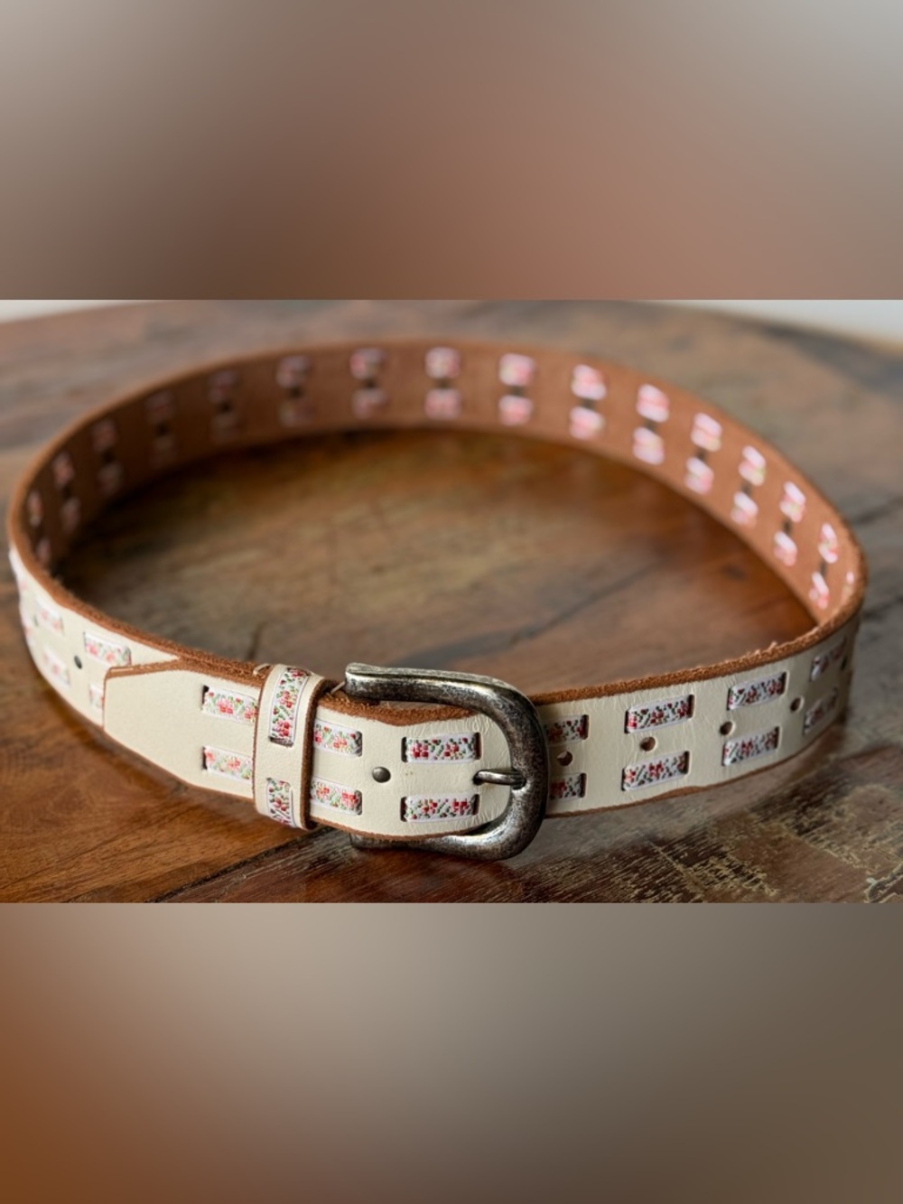 White Leather Belt Woven Ribbon Inlay Boho Western Silver Buckle Small boutique